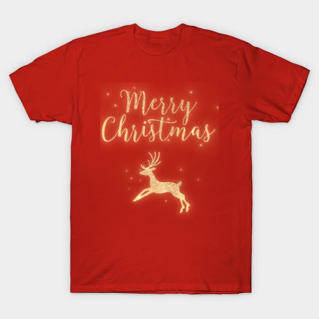 Merry Christmas Golden Glitter Deer red T-Shirt by fantastic-designs
